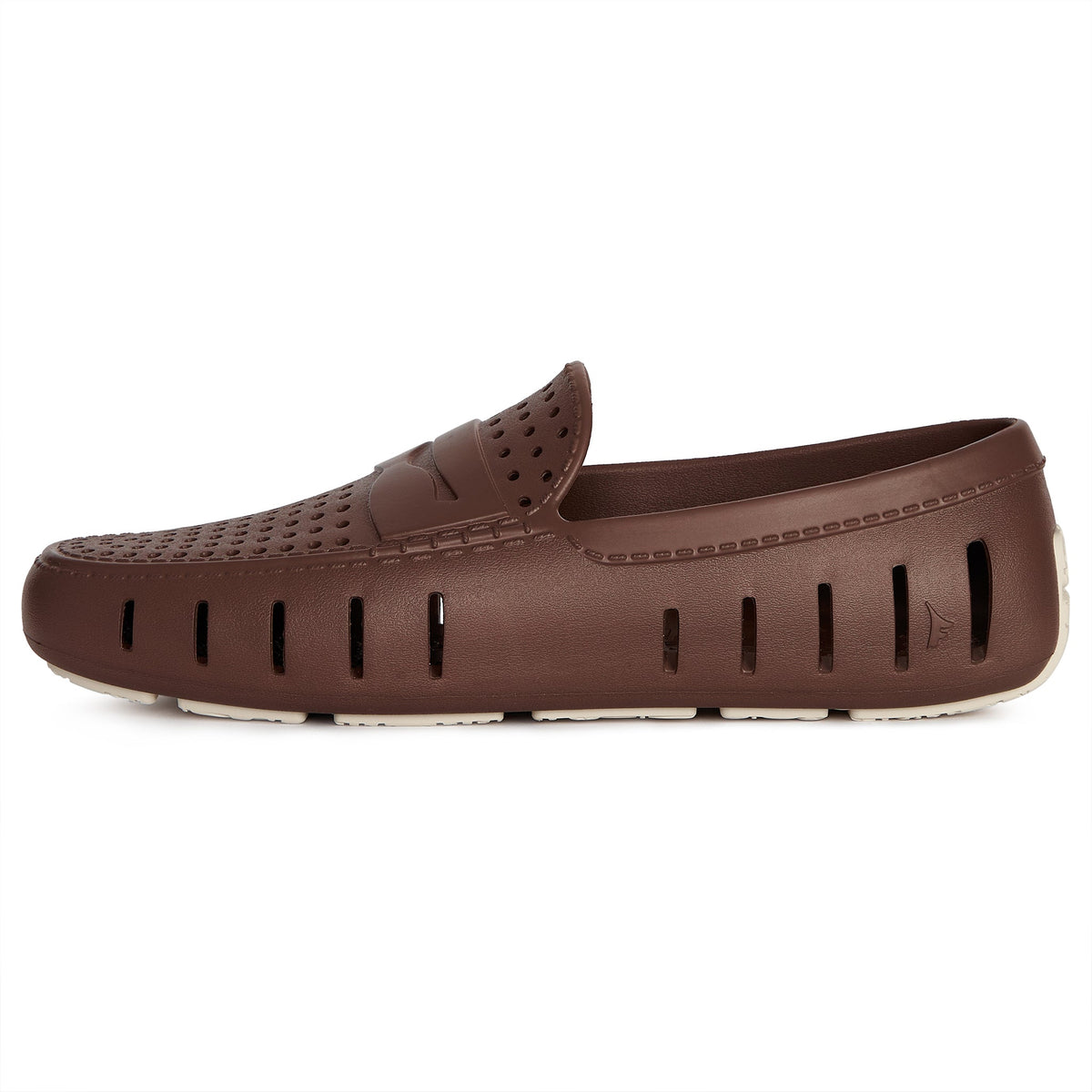 Men's brown perforated slip-on loafers, side view with slip-on strap
