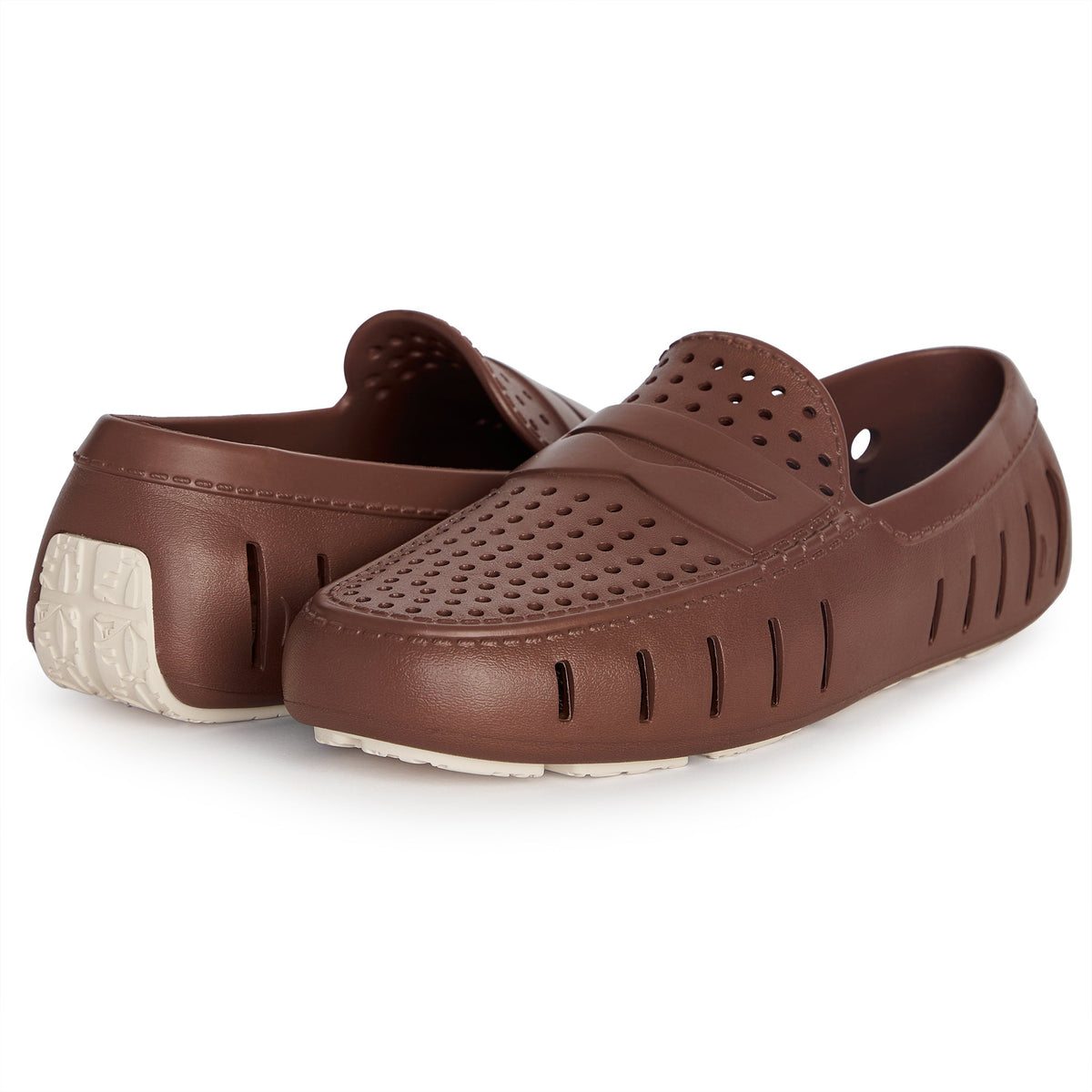 Men's brown perforated slip-on loafers, front and insole detail visible