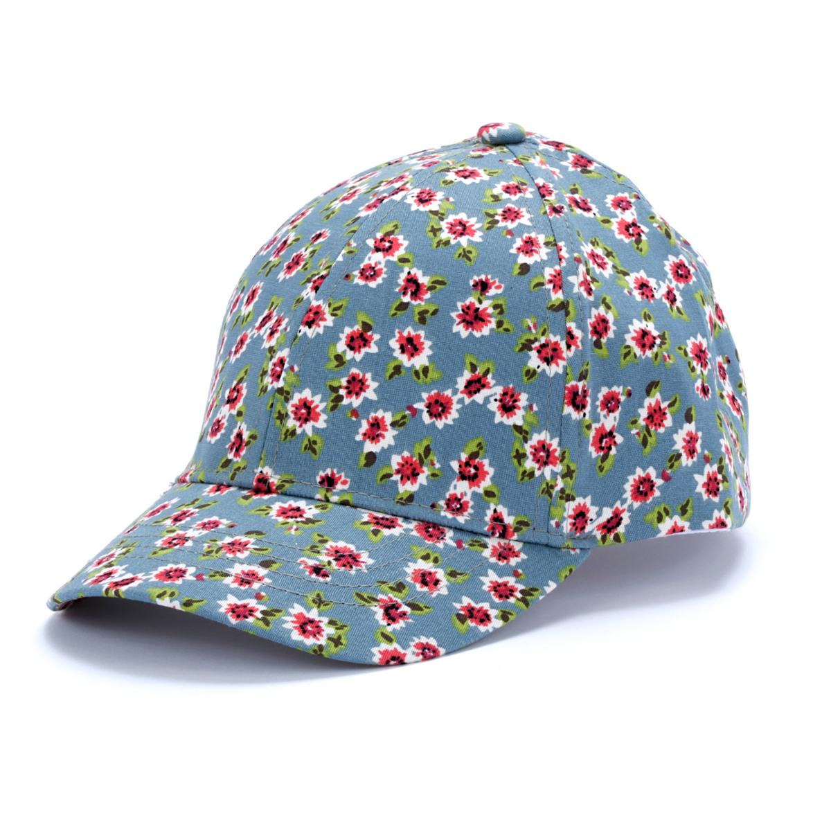 Girls' floral baseball cap in blue with red and white flowers, shown from the front.