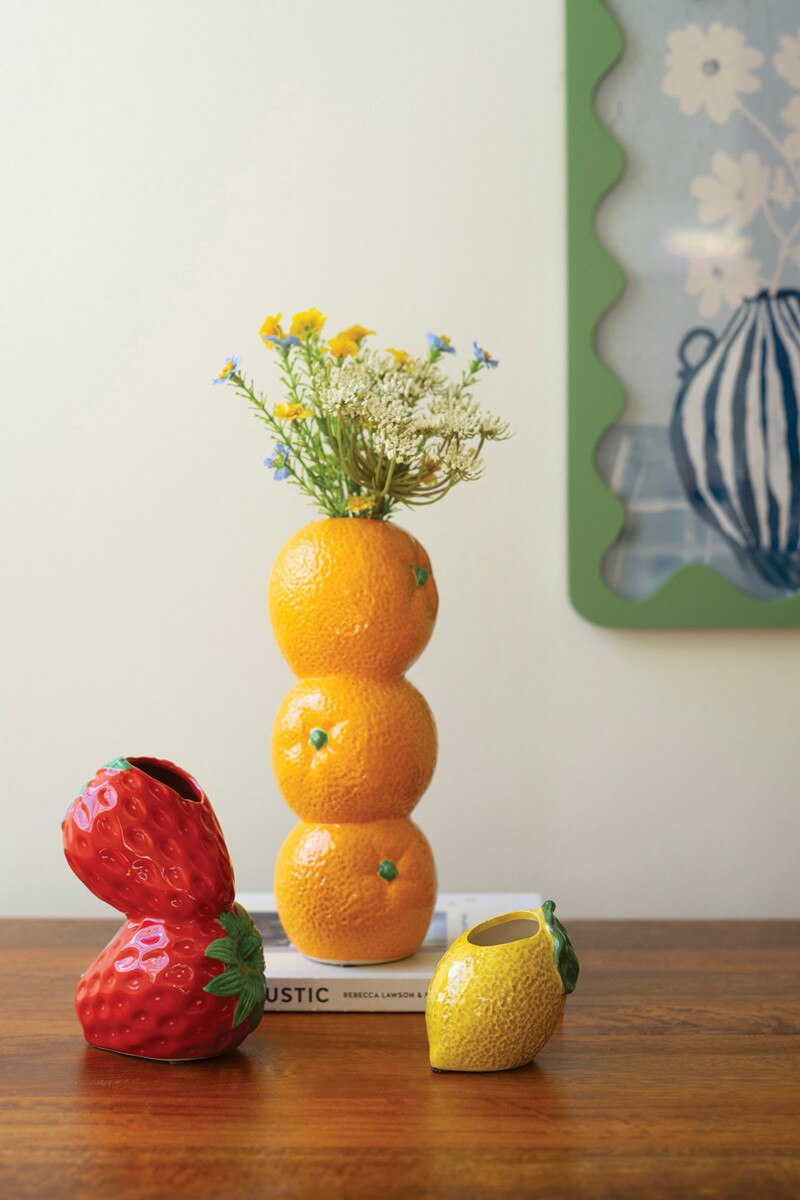 Ceramic fruit bud vases set: stacked citrus, red strawberry, small yellow vase with leaf