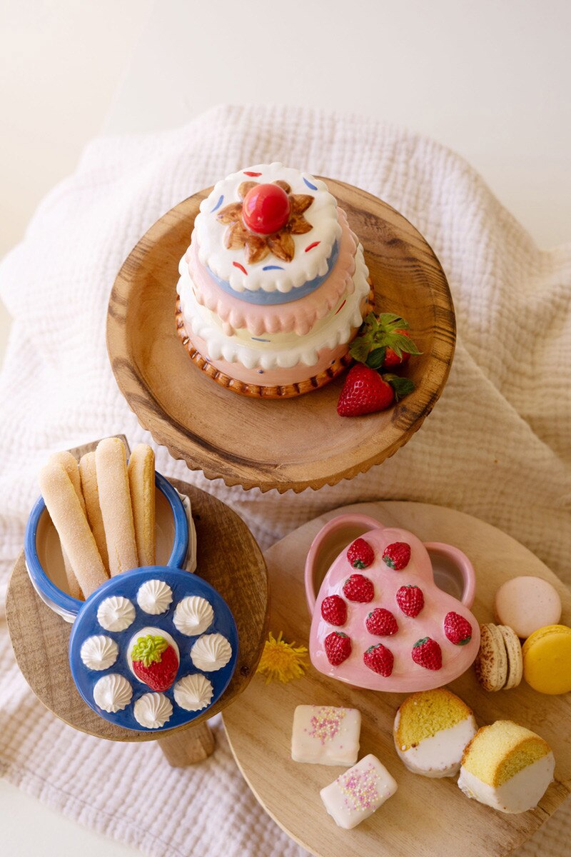 Ceramic dessert trinket boxes: tiered cake with strawberries, blue platter, pink strawberry box