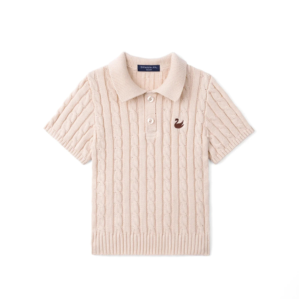Beige cable knit polo sweater with ribbed collar and button placket, bird logo on chest