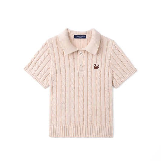 Beige cable knit polo sweater with ribbed collar and button placket, bird logo on chest