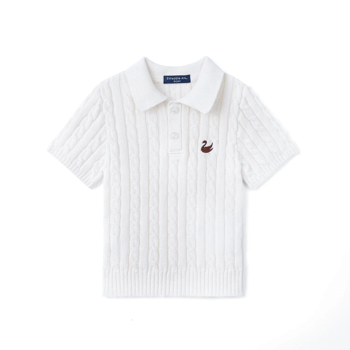 White cable-knit polo sweater with ribbed knit, short sleeves, and buttoned collar