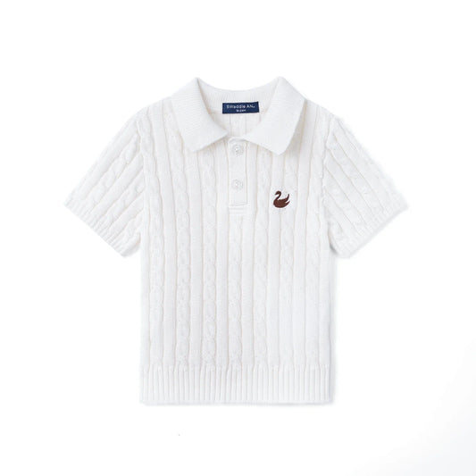 White cable-knit polo sweater with ribbed knit, short sleeves, and buttoned collar