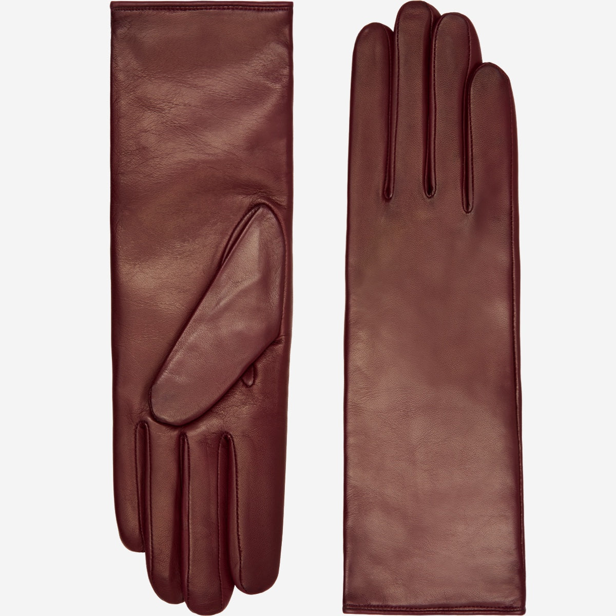 Pair of long burgundy leather gloves with stitched seams and five-finger design.