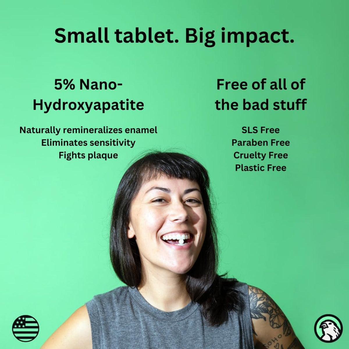 Watermelon toothpaste tablets promoted with nano-hydroxyapatite and ingredient claims.