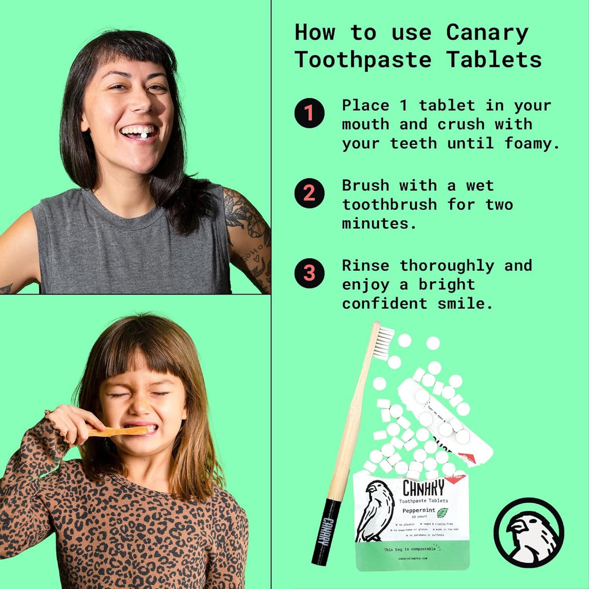 Toothpaste tablet use guide with brushing steps, toothbrush, and tablet pouch