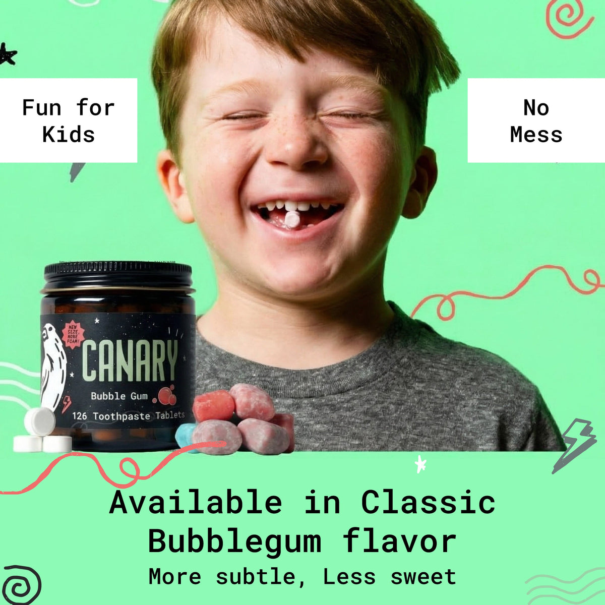 CANARY bubble gum toothpaste tablet jar beside pink tablets