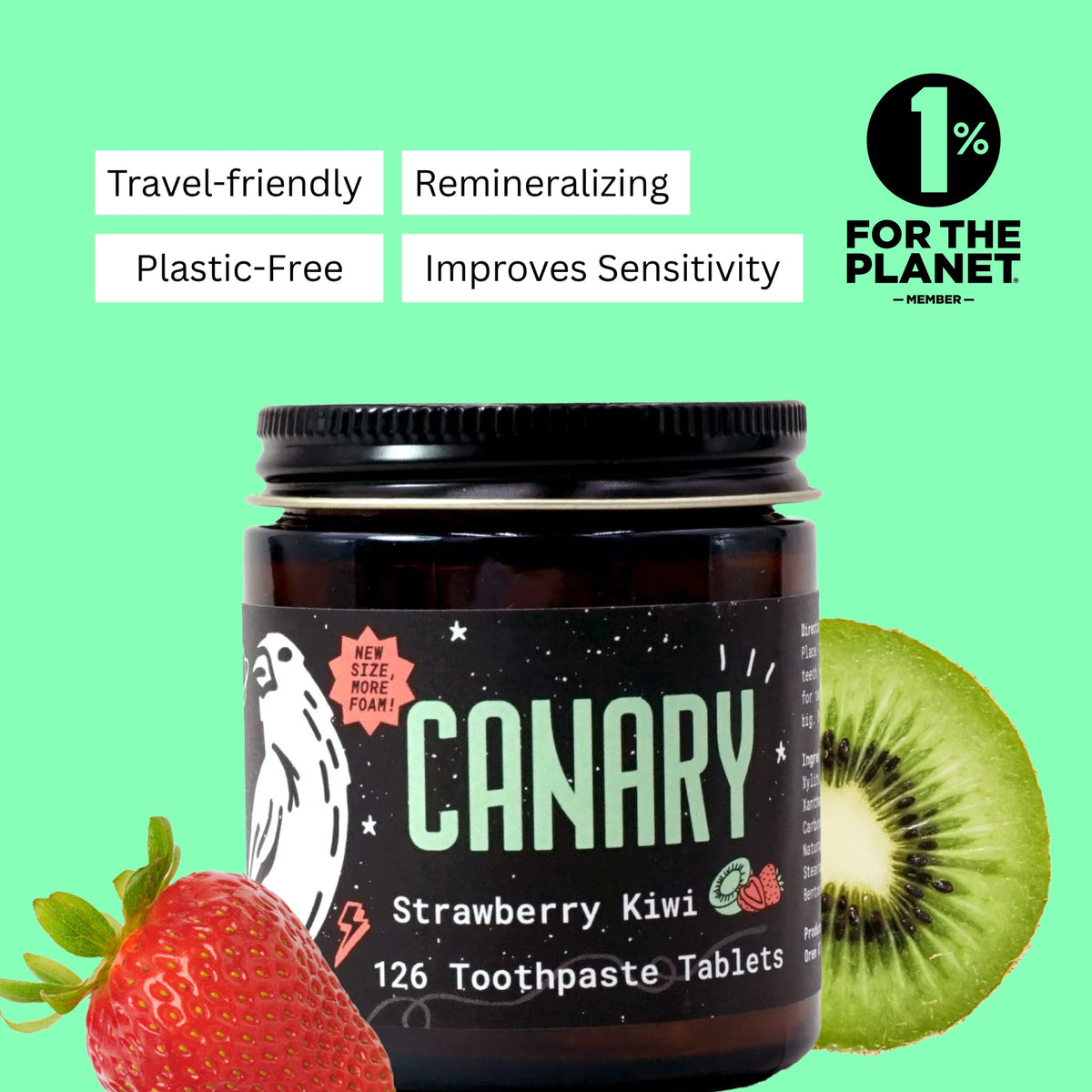 CANARY strawberry kiwi toothpaste tablets jar shown with a strawberry and kiwi
