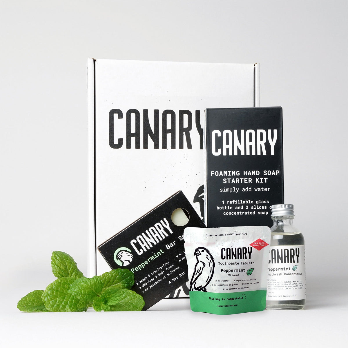 Canary sample bundle with toothpaste tablets, peppermint soap, mouthwash concentrate and foaming hand soap kit