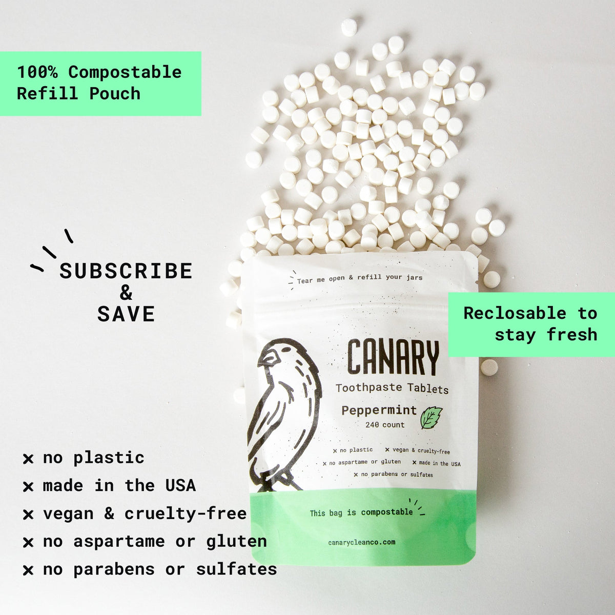 Canary peppermint toothpaste tablets in a compostable refill pouch with loose tablets