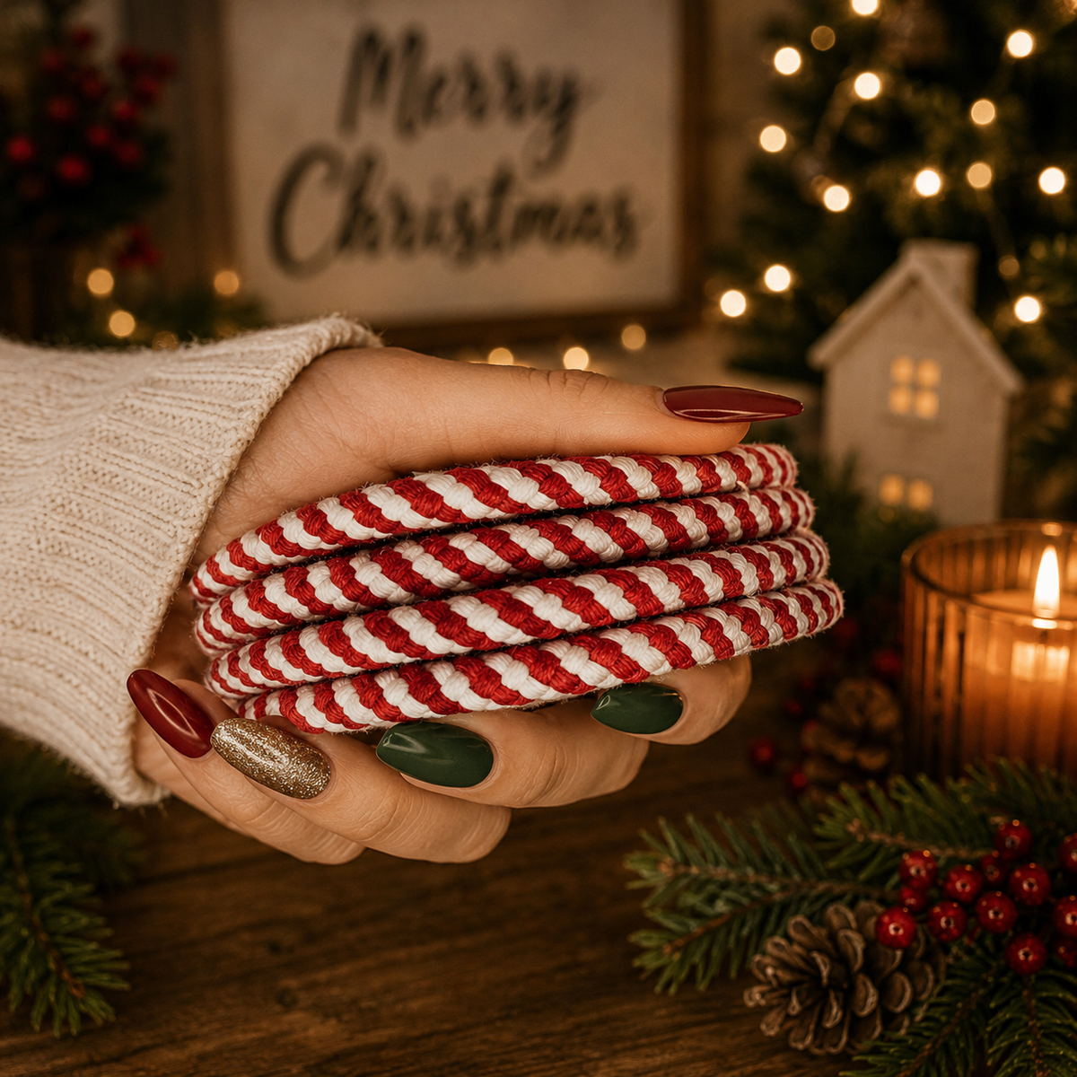 Red striped braided rope coasters, candy cane spiral, held stack with ribbon