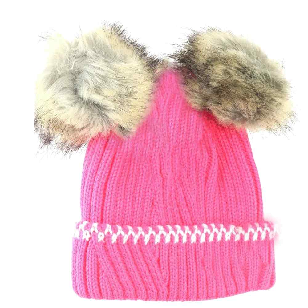 BABY Solid Knit Double Fur Pom C.C Beanie