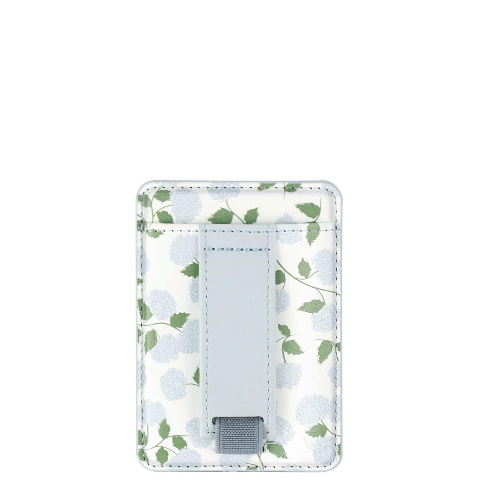 Light blue floral magnetic wallet with gray strap closure and stitched card slot