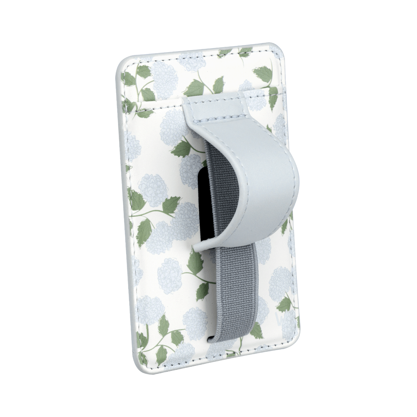Light blue floral magnetic wallet with gray strap closure, side view