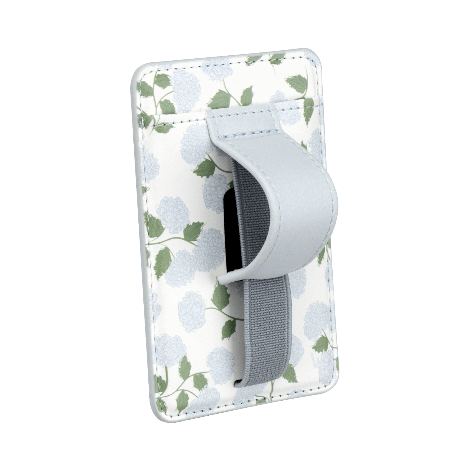 Light blue floral magnetic wallet with gray strap closure, side view
