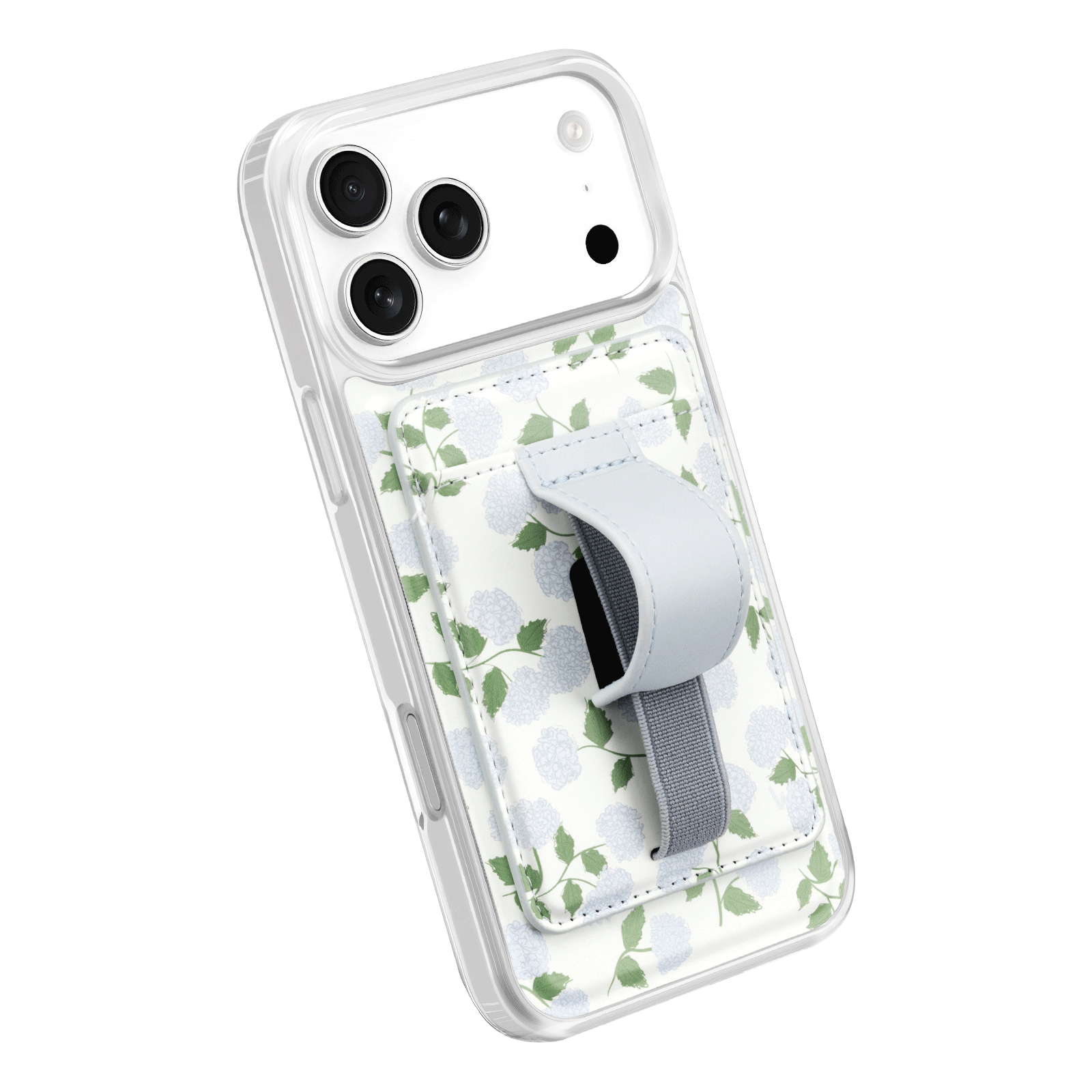 Light blue floral magnetic wallet attached to a clear phone case with gray strap