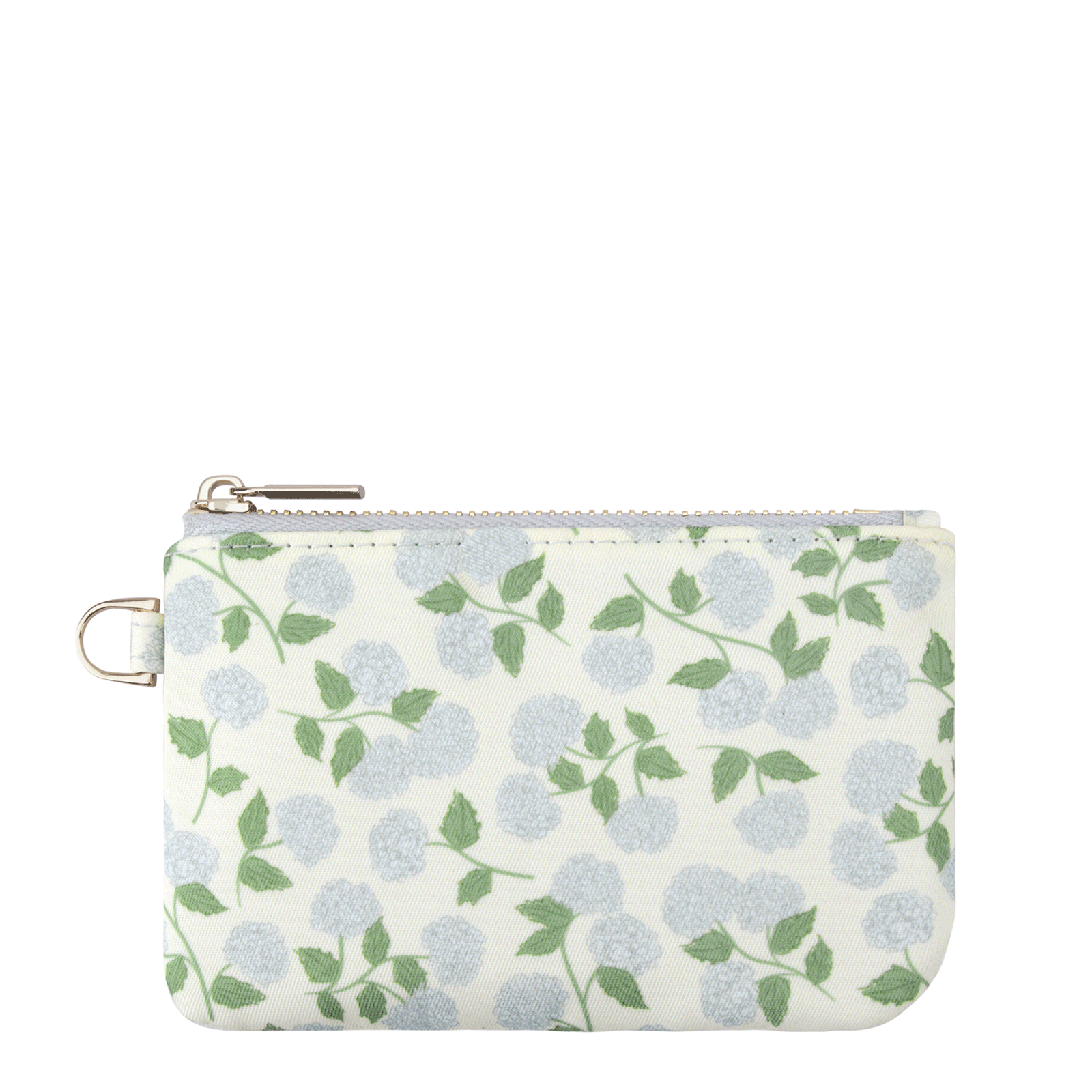 Floral zip pouch with wrist strap, light green and blue pattern.