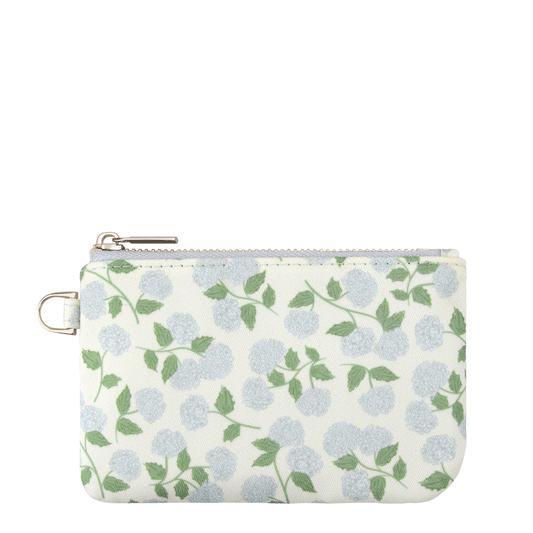 Floral zip pouch with wrist strap, light green and blue pattern.