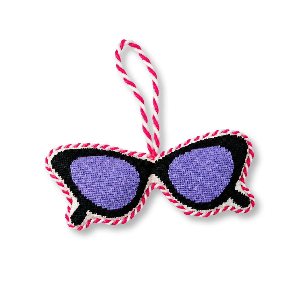Needlepoint cat-eye sunglasses ornament with purple lenses and pink-striped hanger