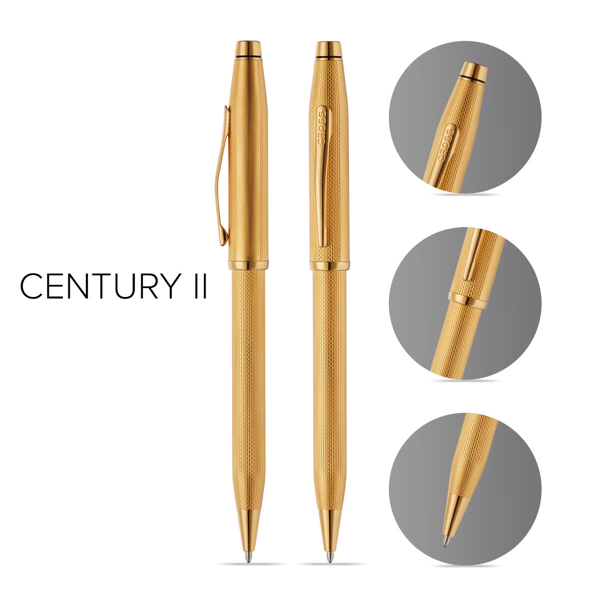 Pair of gold-plated ballpoint pens with engraved diamond pattern barrels and tips