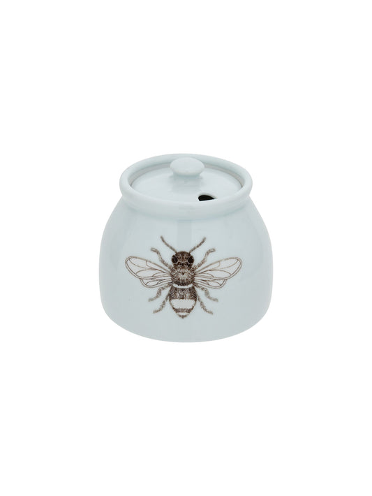 Ceramic honey pot with lid, honeybee illustration on light blue body