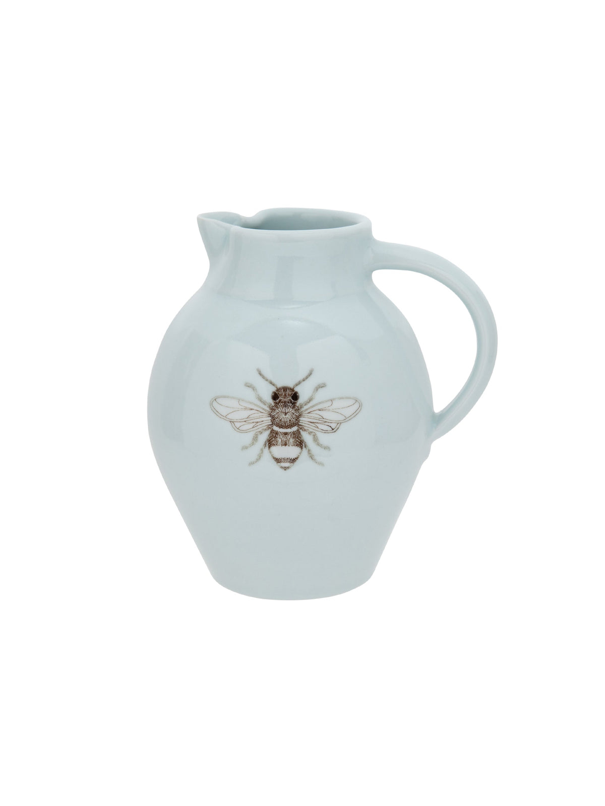 Light blue ceramic pitcher with honeybee motif and curved handle