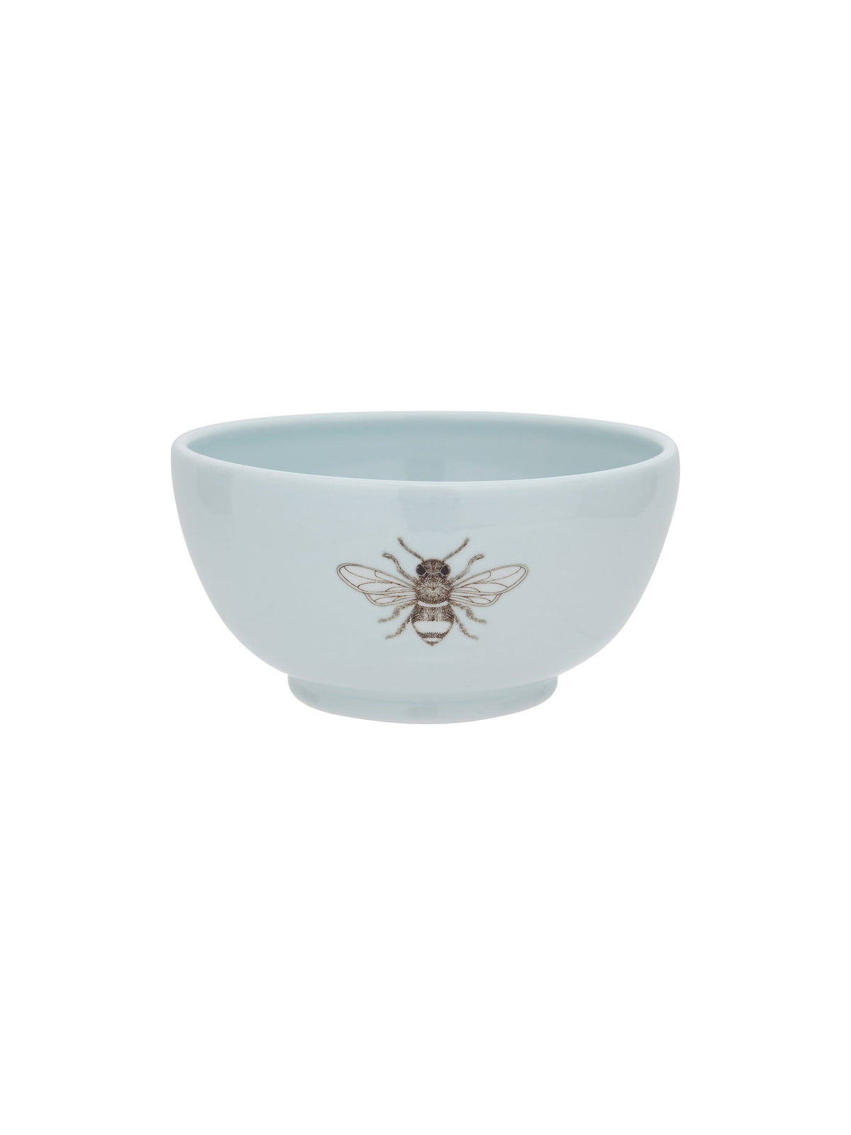 Small ceramic bowl in light blue with raised honeybee motif on front