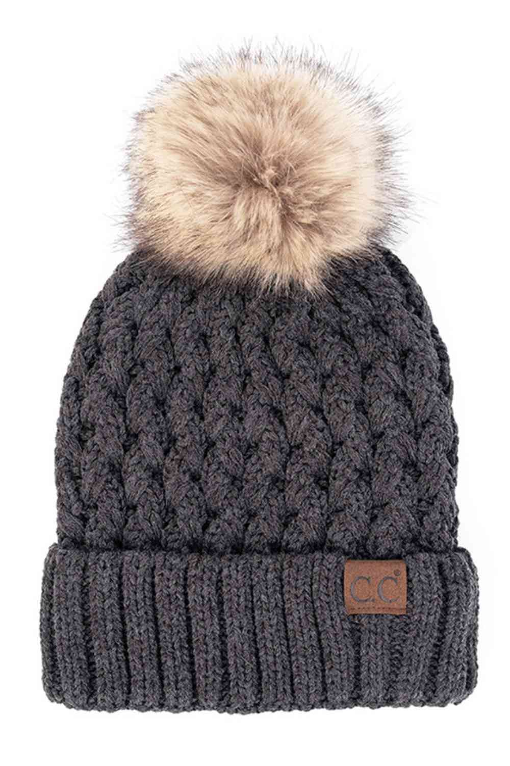 Knit beanie with pom-pom, dark charcoal cable knit, ribbed cuff and C.C. label patch