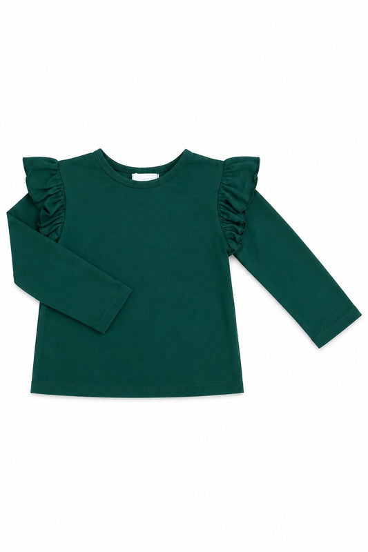 Long-sleeve ruffle tee in dark green, with gathered ruffles at the shoulders