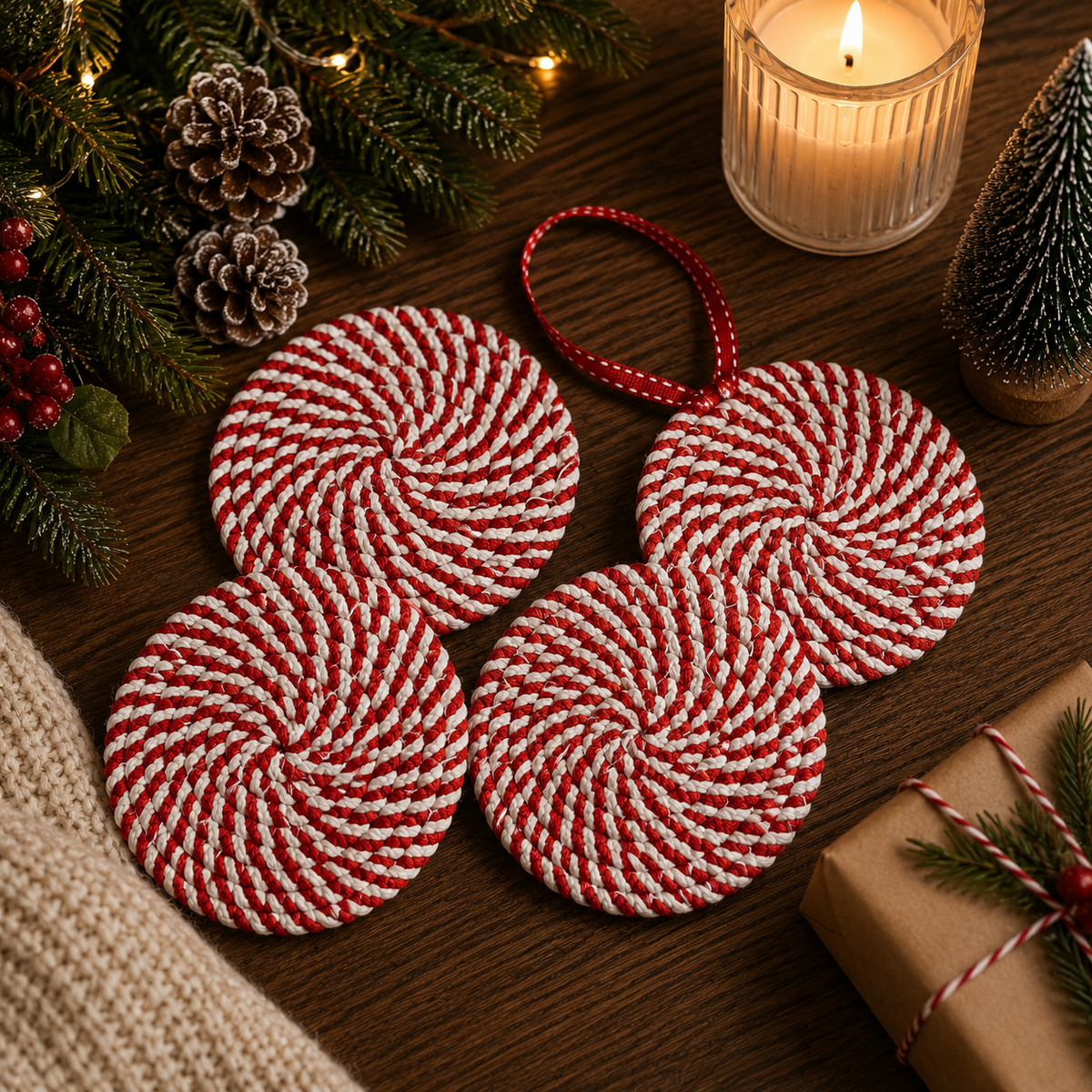 Candy cane coasters, red and white spiral rope circles tied with ribbon (4pk)