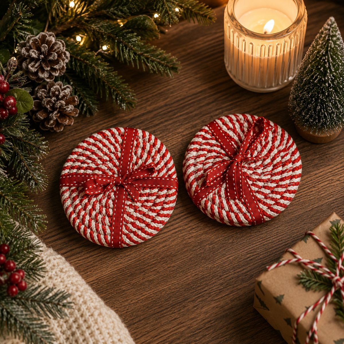 Braided candy cane coaster rounds, red-and-white striped with ribbon bows