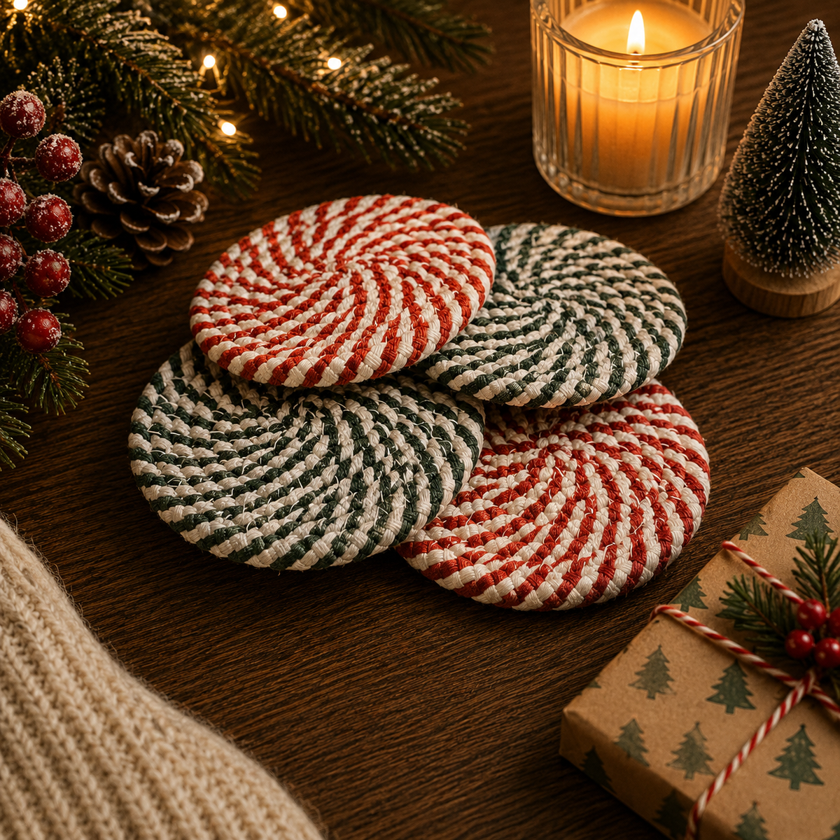 Candy cane coasters, red and green striped rope circles (mixed set of four)