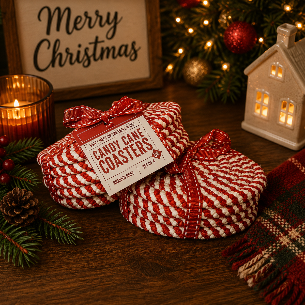 Candy cane coasters, red and white striped rope circles tied as a set