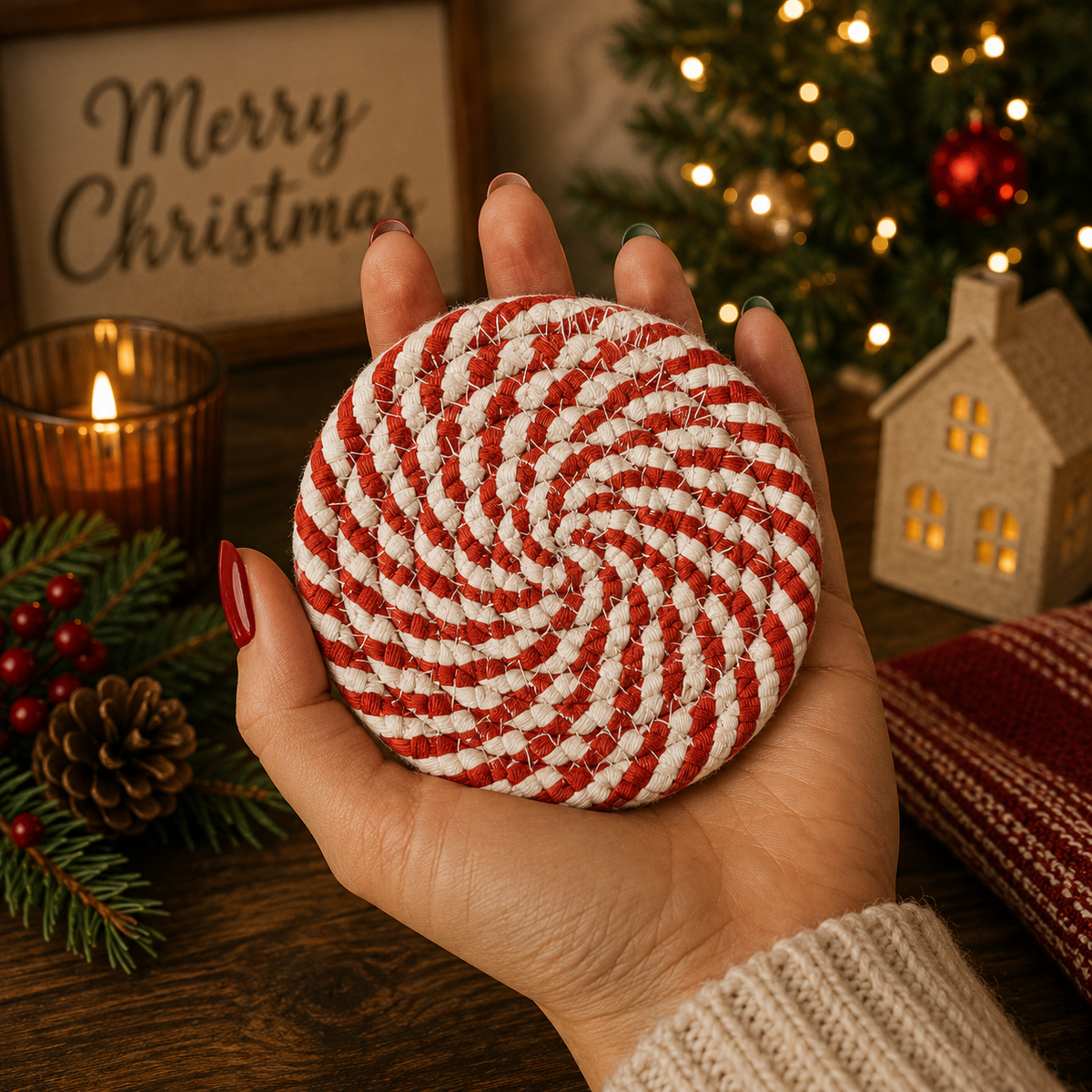 Braided candy cane coaster round held in hand, red-and-white striped with ribbon