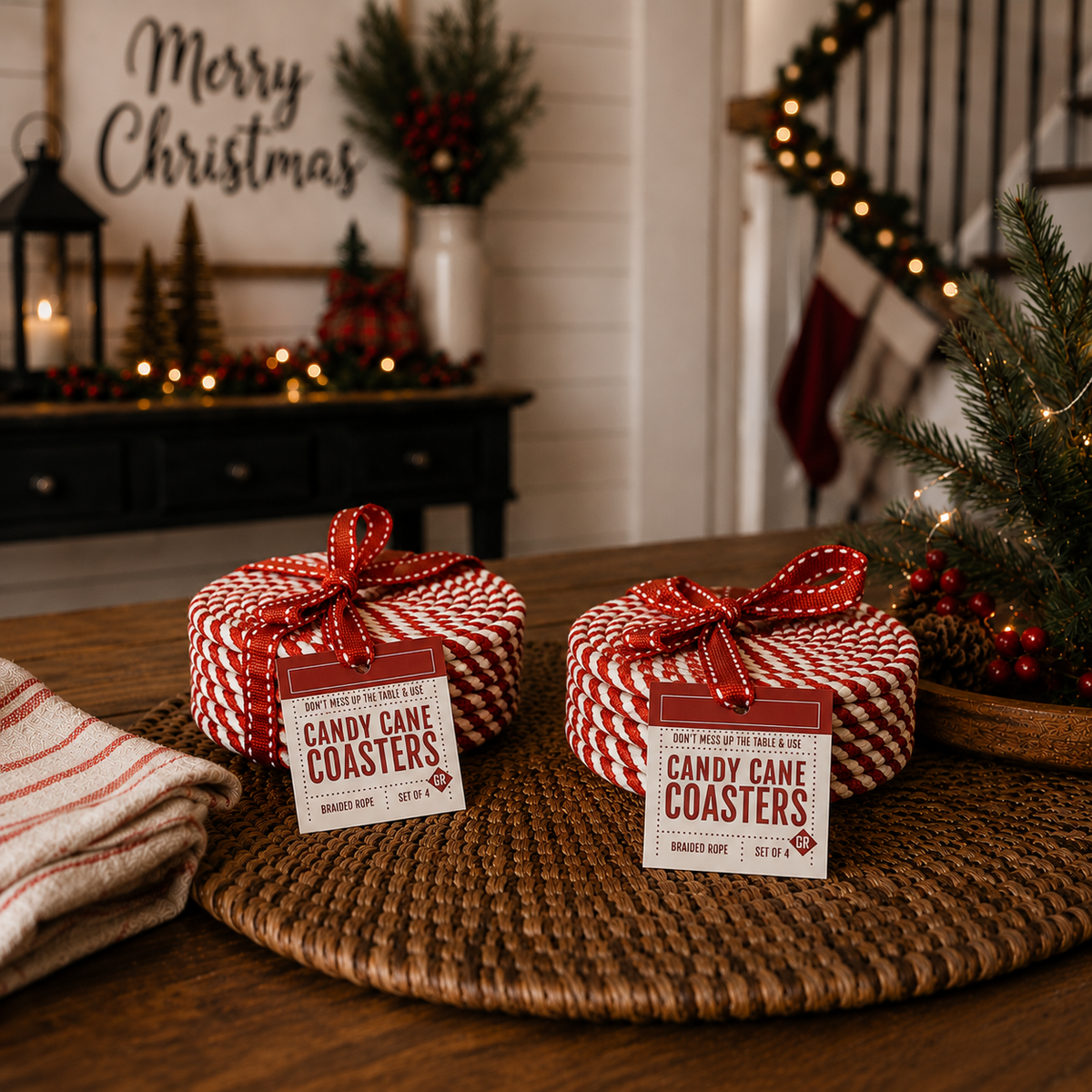 Set of 4 red-and-white candy cane patterned coasters, round braided rope with tag
