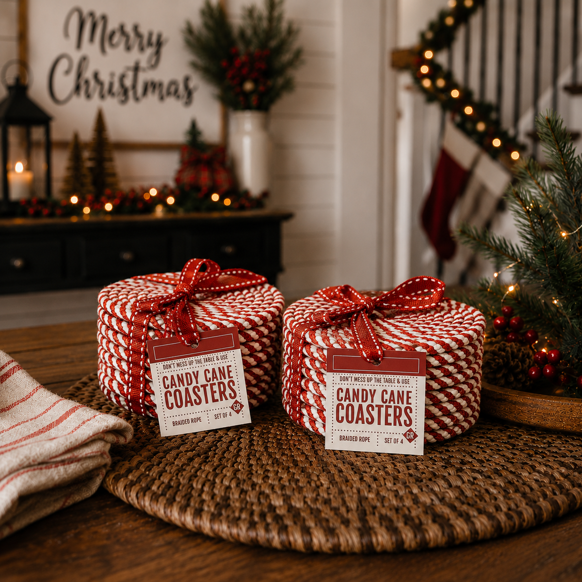 Packaged coaster set (4-pack) with two red-and-white striped coaster bundles