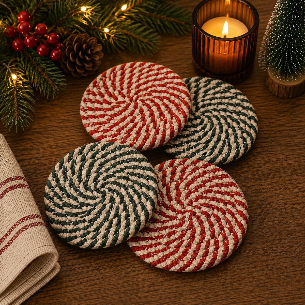 Candy cane coasters, four rope circles in red and green stripes