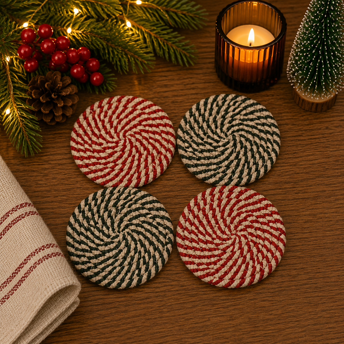 Braided candy cane coasters set of 4, red-and-white and green-and-cream striped