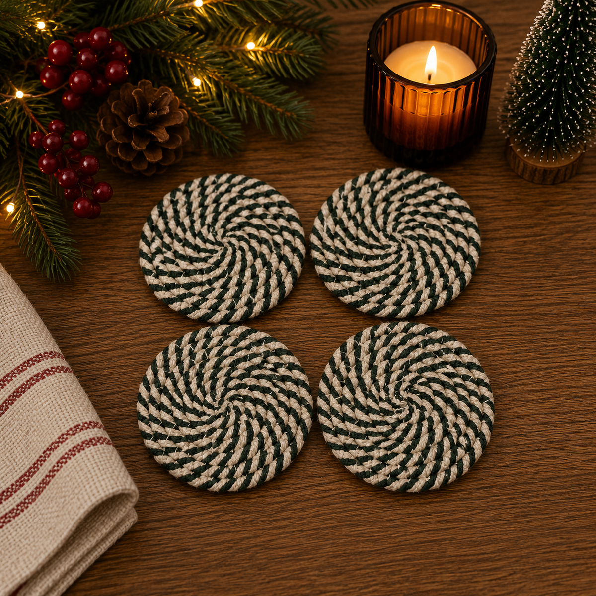 Candy cane coasters, green and white spiral rope circles (4pk)