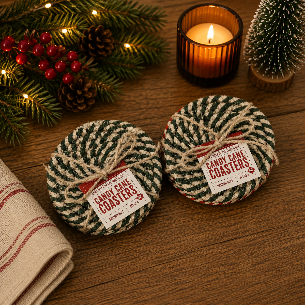 Candy cane coasters, green and white striped rope circles with labels (pair)