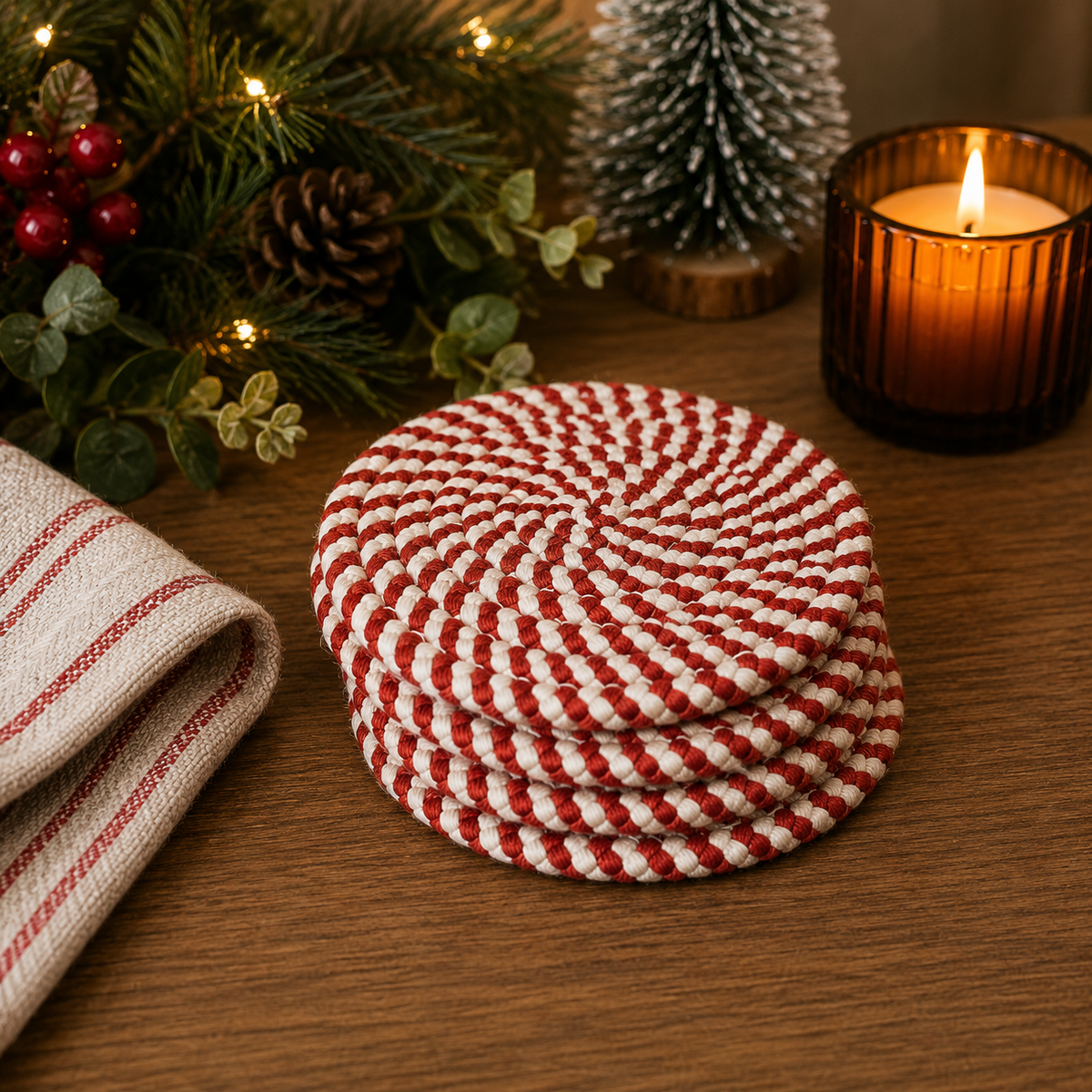 Candy cane coaster, red and white spiral rope circle