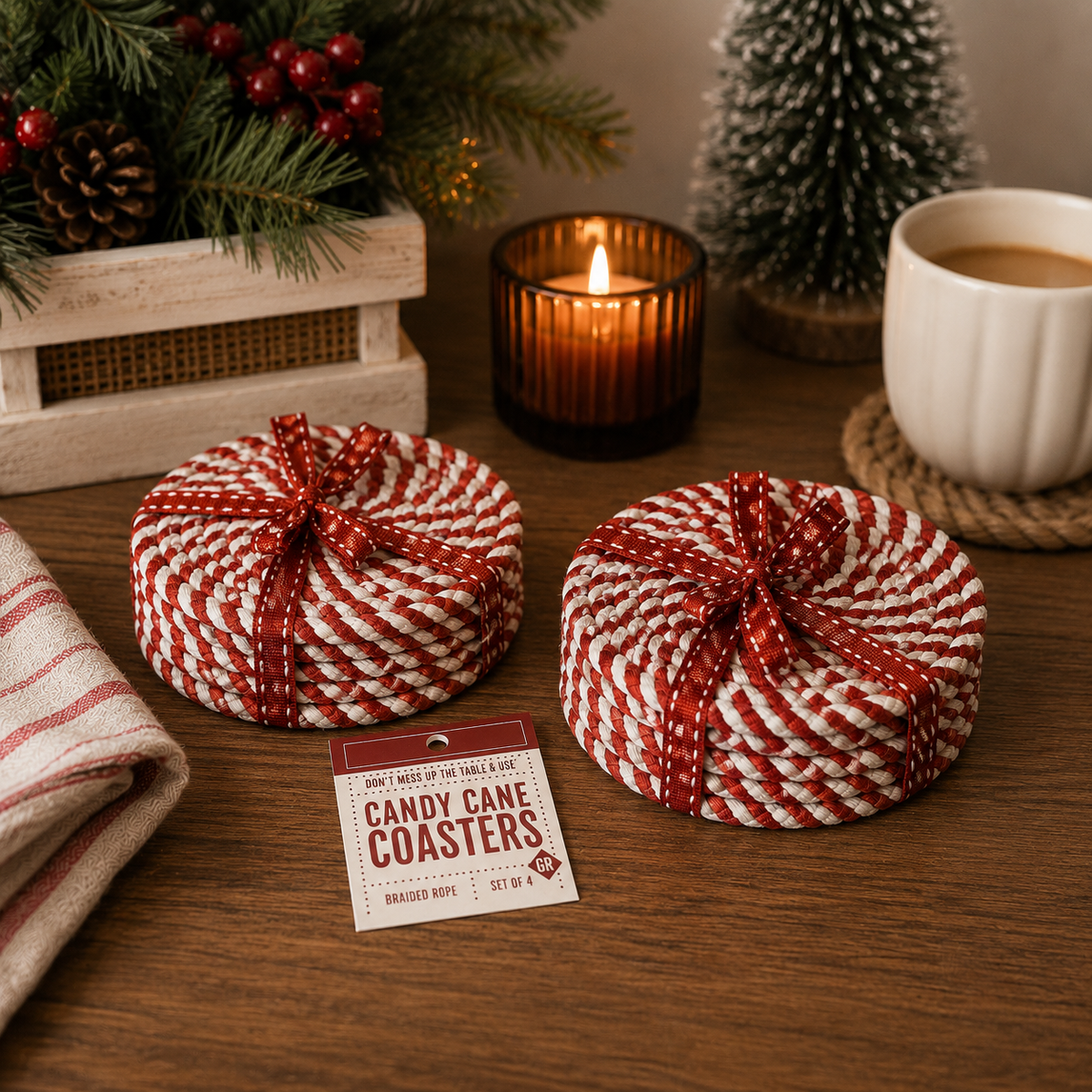 Braided candy cane coasters set of 4, red-and-white striped rounds with tags