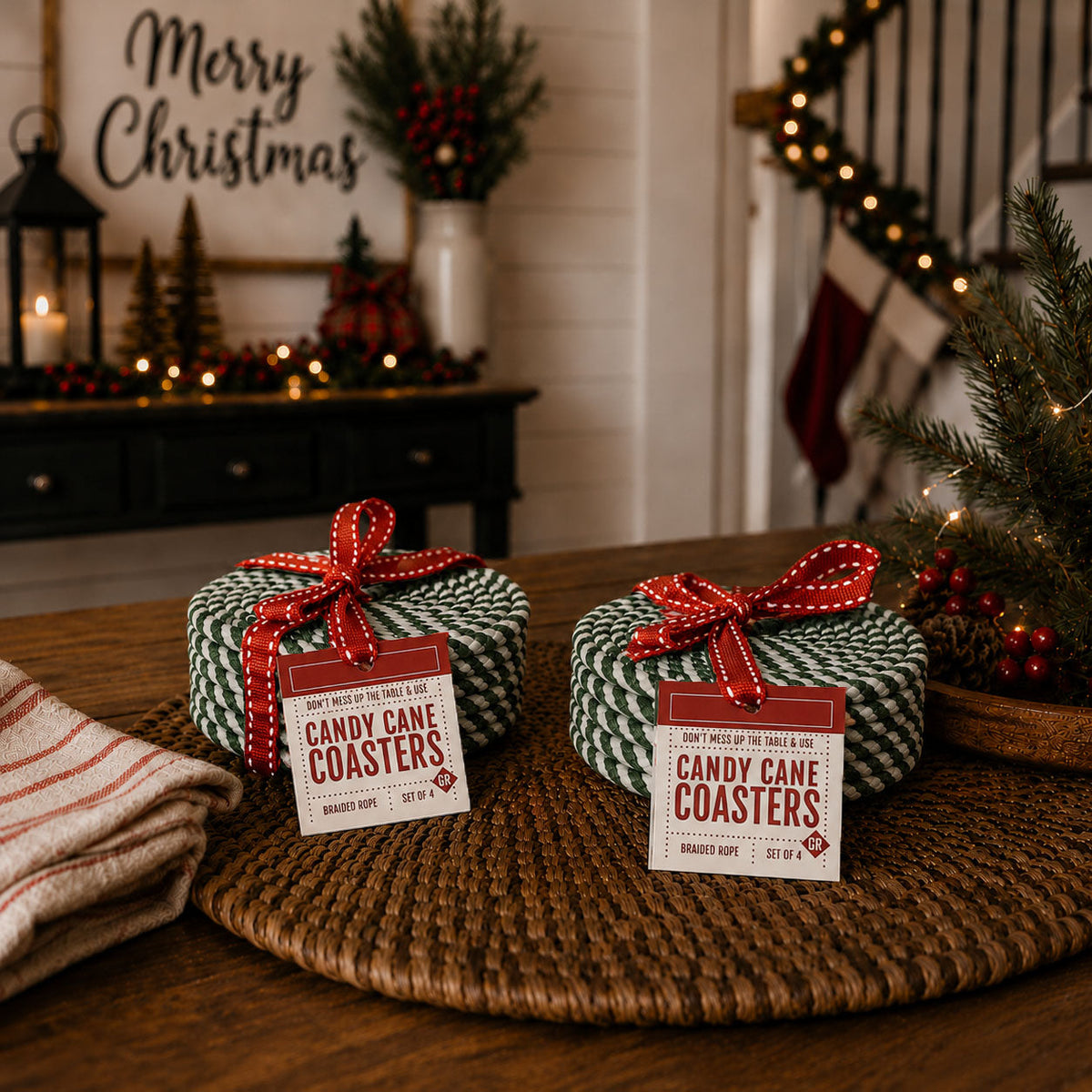 Braided candy cane coasters with red ribbon bows, green-and-cream striped rounds