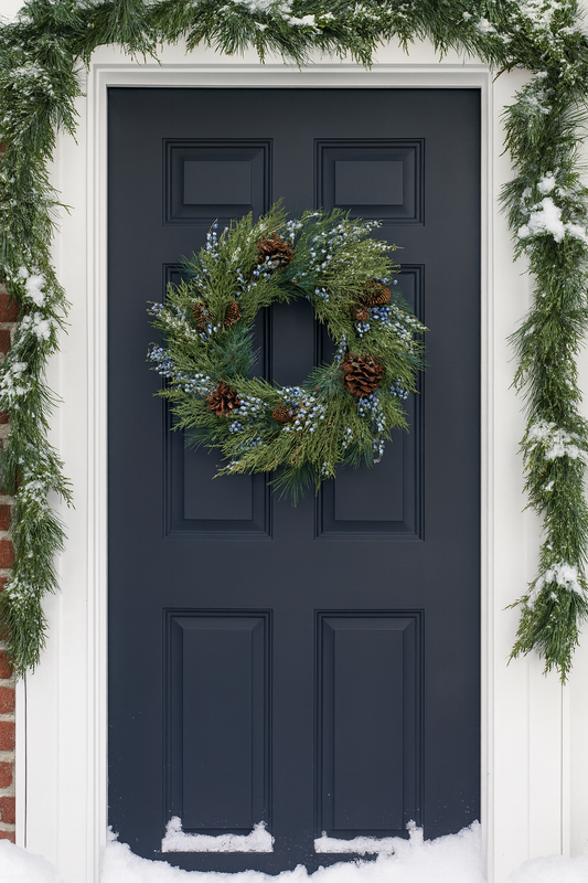 Evergreen wreath with blue berries and pinecones hanging on a front door