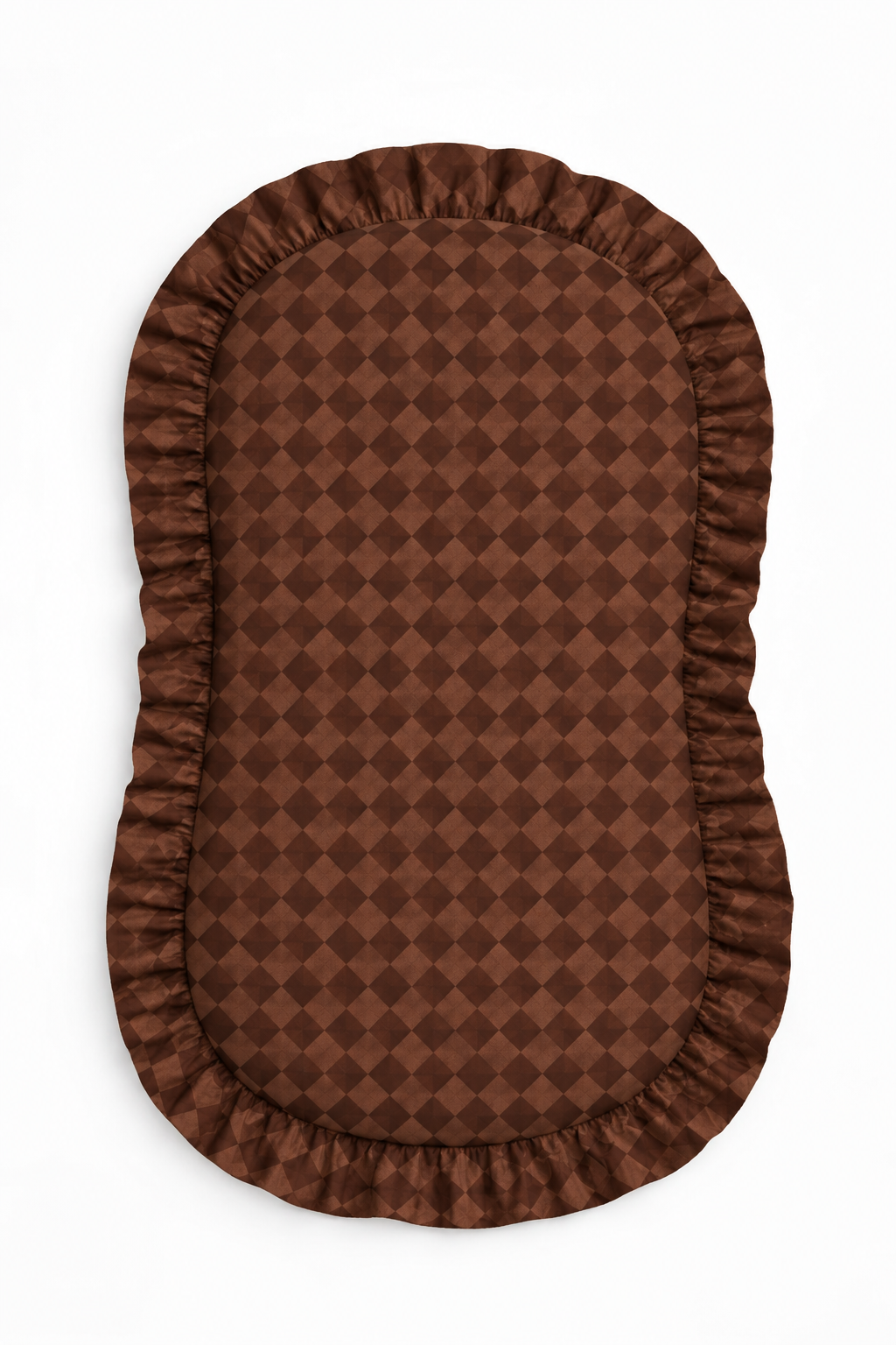 Brown mocha diamond-pattern baby lounger cover with ruffled edges