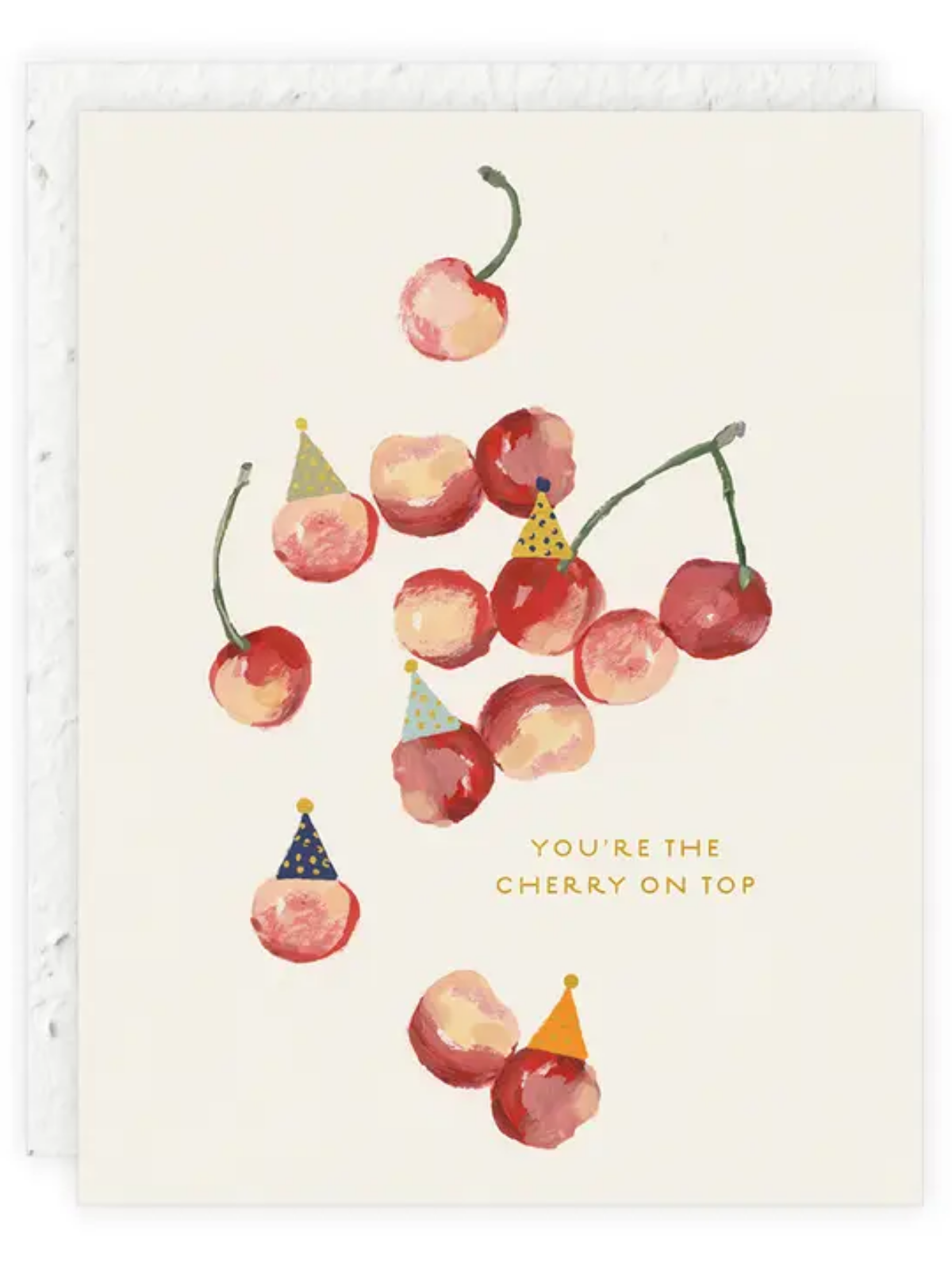 Seeded birthday card front with watercolor cherries and gold 'YOU'RE THE CHERRY ON TOP'