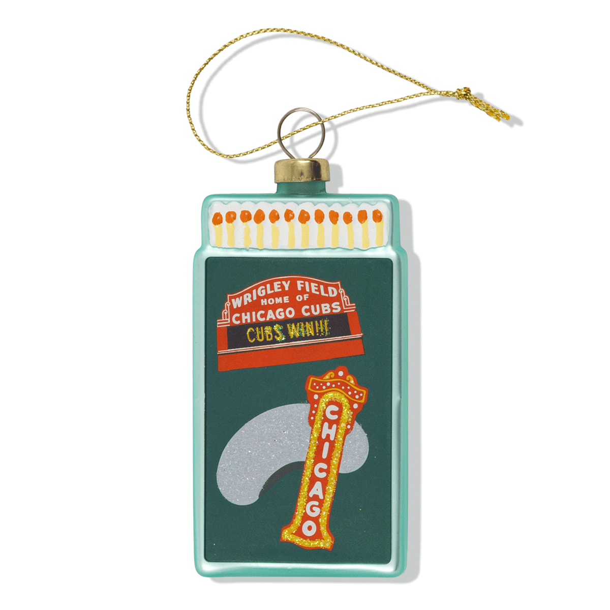 Teal matchbook-style Christmas ornament with hanging loop and Chicago Cubs design