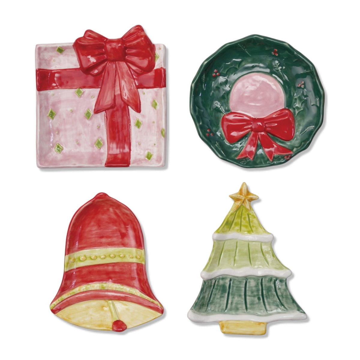 Four festive Christmas tidbit dish icons: present, wreath, bell, and tree